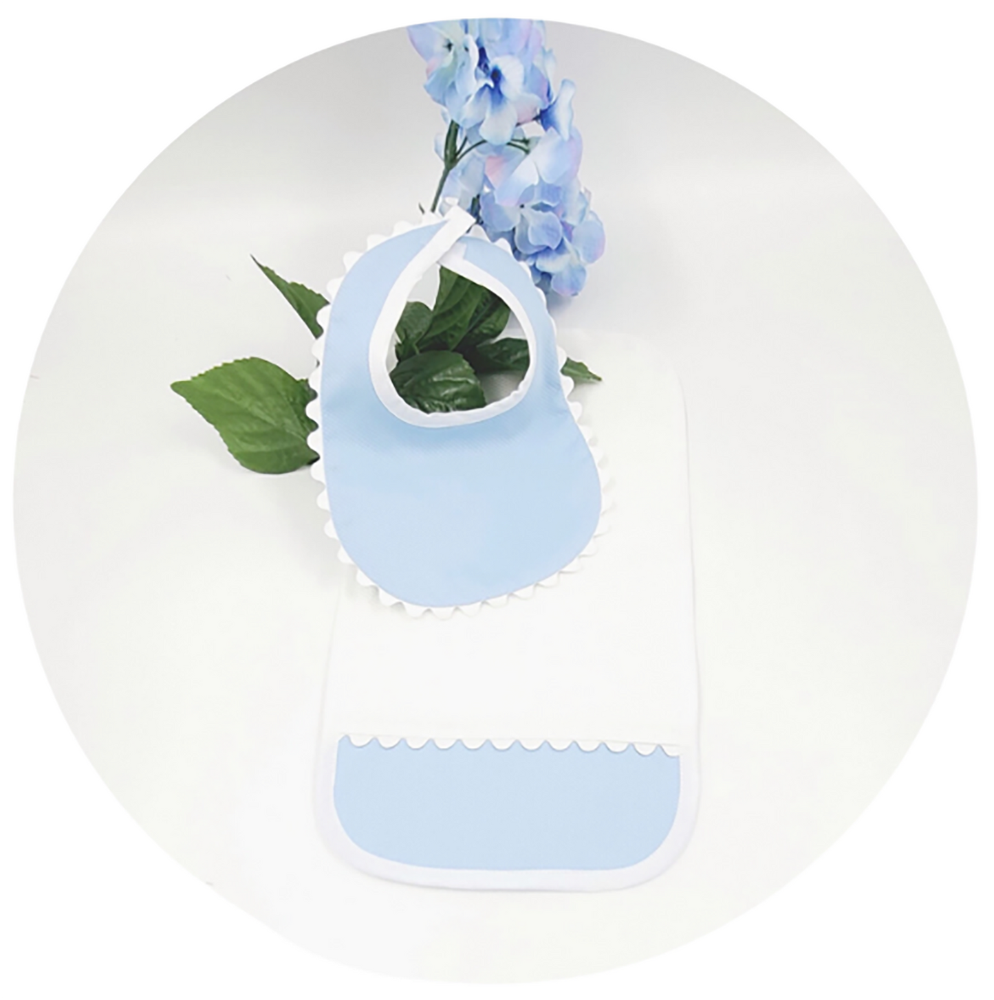 Cotton Pique Scallop Trim Bib & Burp Cloth Set