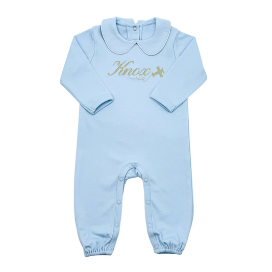 Blue Piping Collar Long Sleeve Romper